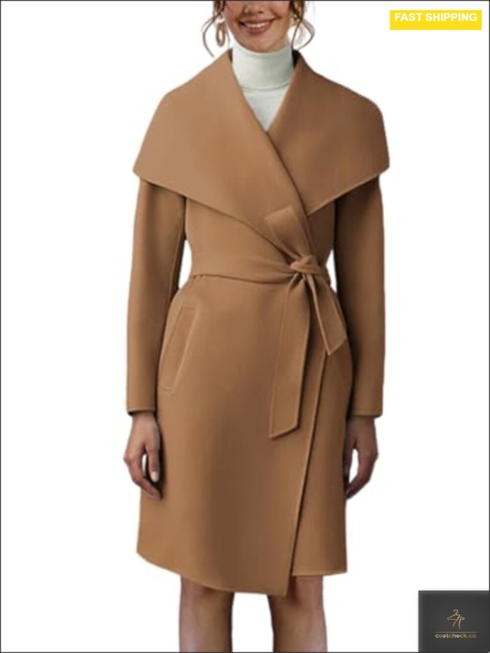 Long Sleeve Wool Pea Coat Open Front Belted Long Trench